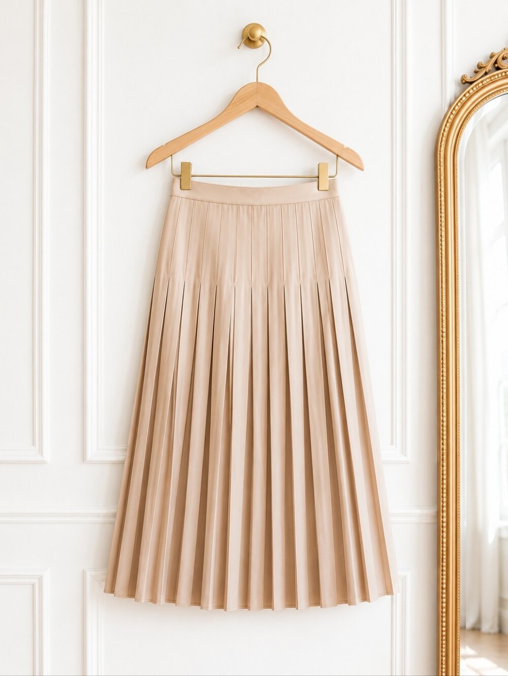 Rachel Zoe | Champagne Pleated Midi Skirt Size Medium | Satin A-Line - Picture 5 of 8
